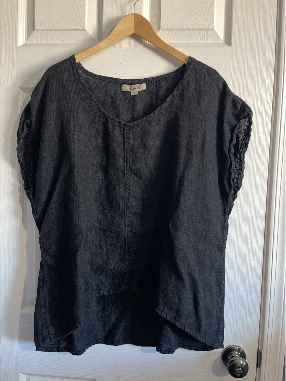 FLAX 100% Linen Sz L Top Black Cap Sleeve High Low Hem Boxy Tee Lithuania Shirt